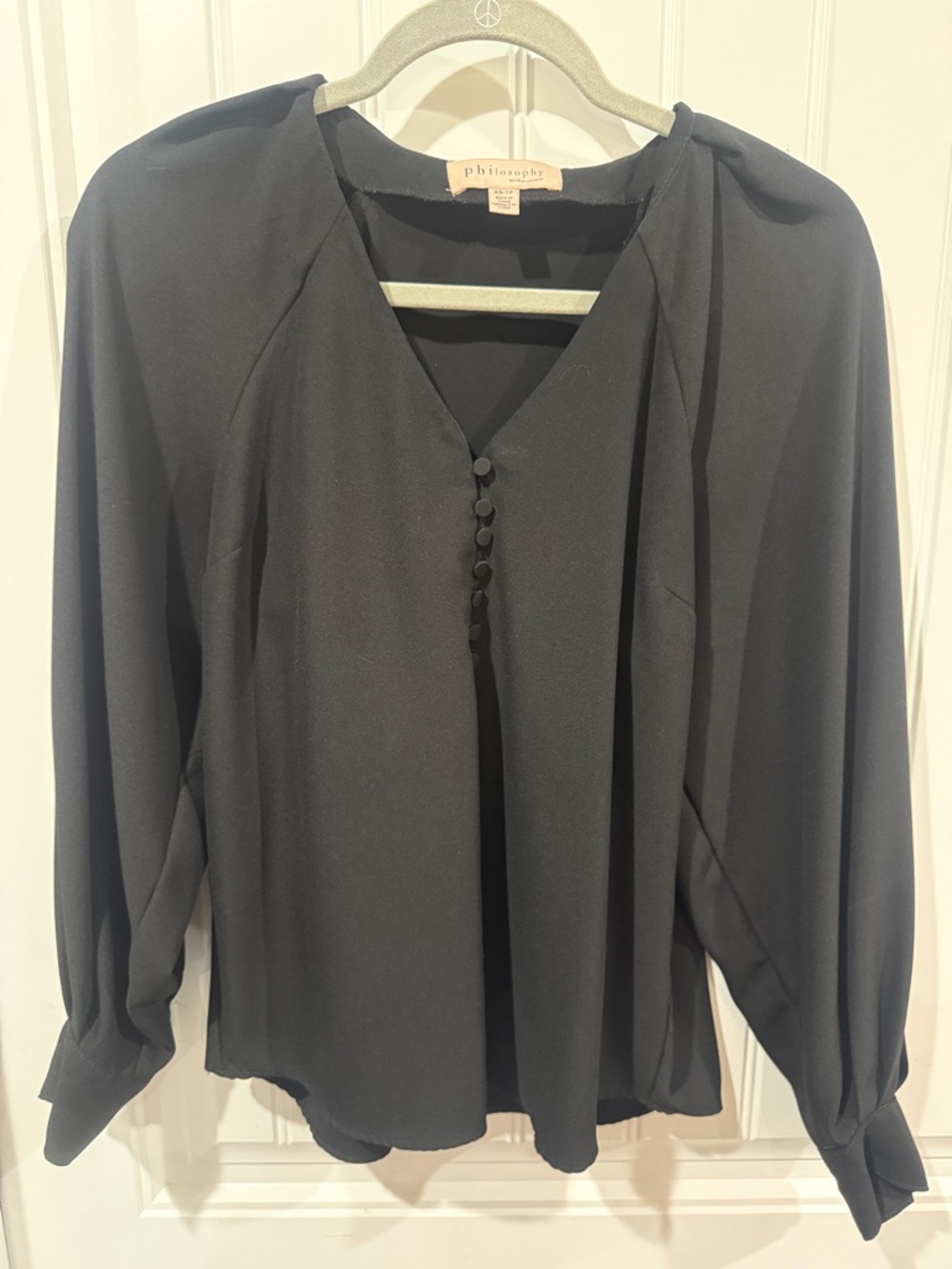 Philosophy Black V-Neck Covered Button Blouse